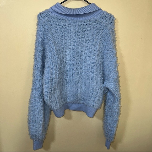 Anthropologie Baby Blue Fuzzy Zip-Up Brushed Sweater Cardigan Large - Picture 6 of 6